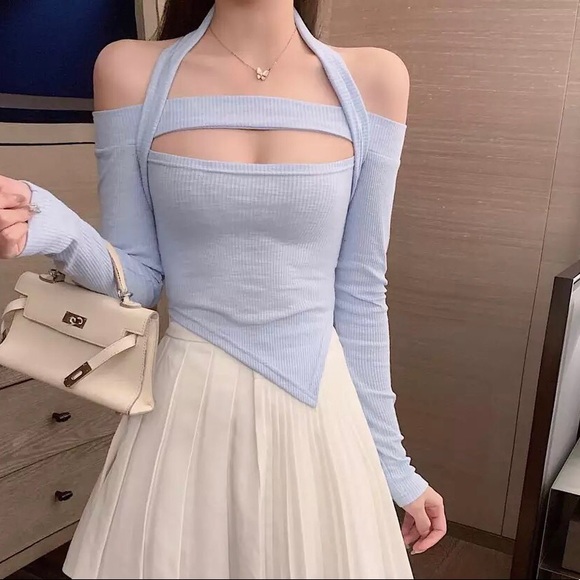 Shirt halter blue womens off shoulder top sexy - Picture 1 of 3